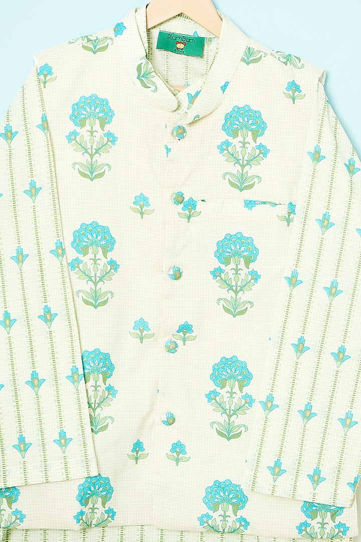 Ivory & Teal Green Cotton Nehru Jacket Set For Boys by The Plum Bum at Pernia's Pop Up Shop