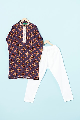 Midnight Blue Muslin Mirror Embroidered Kurta Set For Boys by The Plum Bum