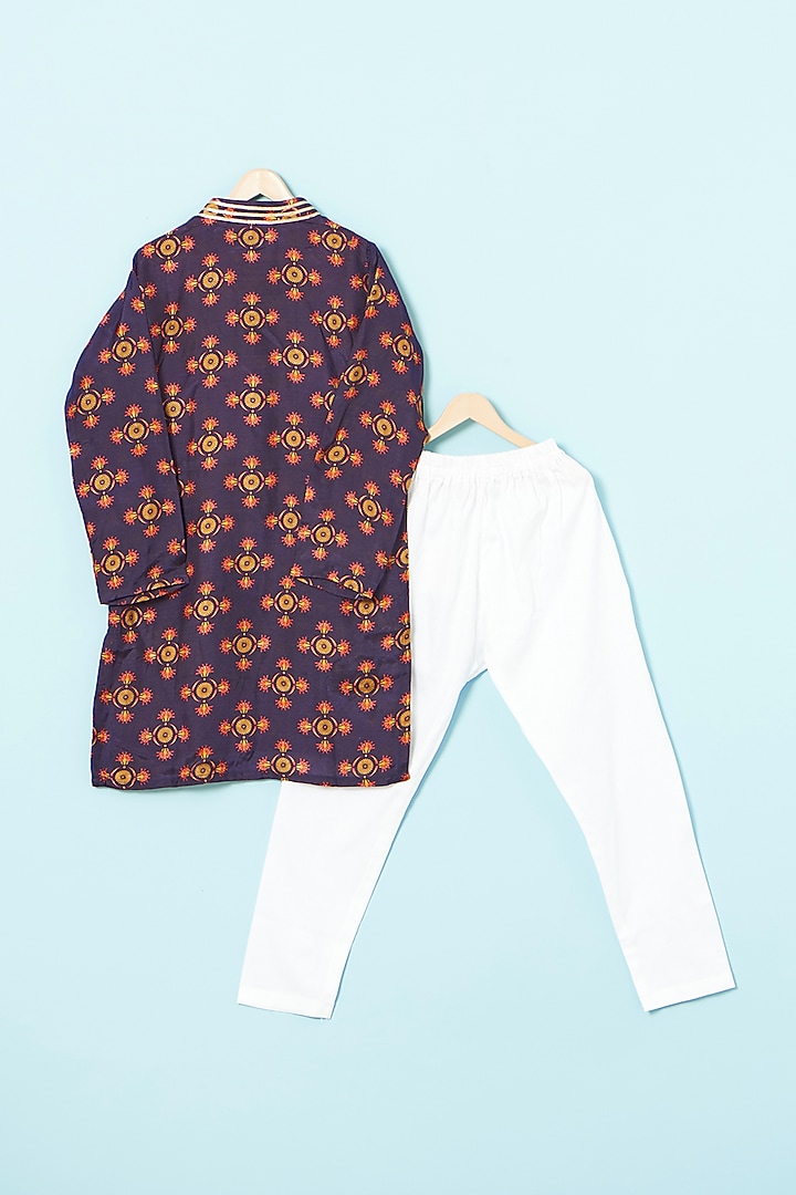 Midnight Blue Muslin Mirror Embroidered Kurta Set For Boys by The Plum Bum at Pernia's Pop Up Shop
