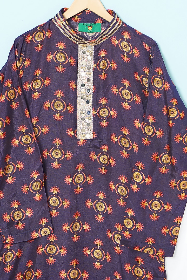 Midnight Blue Muslin Mirror Embroidered Kurta Set For Boys by The Plum Bum at Pernia's Pop Up Shop