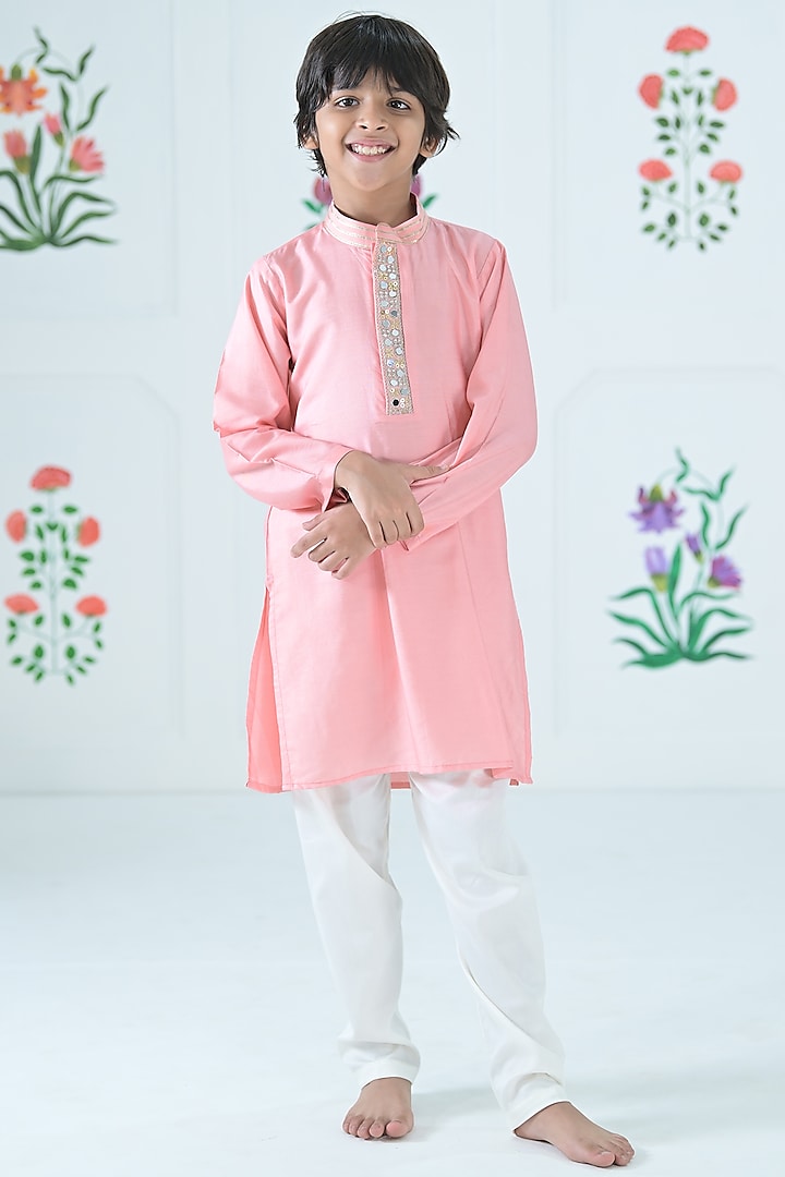 Peach Silk Blend Floral Printed & Mirror Work Kurta Set For Boys by The Plum Bum at Pernia's Pop Up Shop