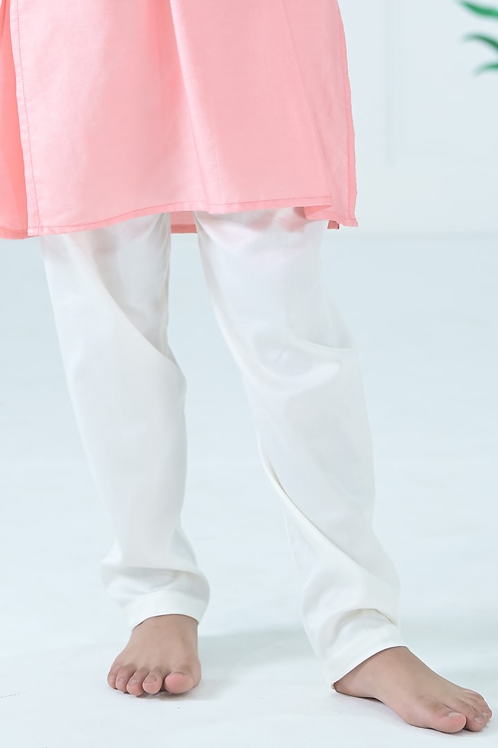 Peach Silk Blend Floral Printed & Mirror Work Kurta Set For Boys by The Plum Bum at Pernia's Pop Up Shop