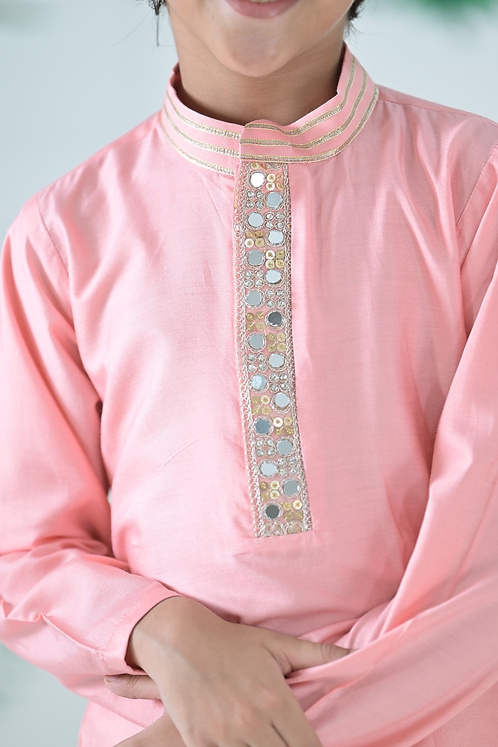 Peach Silk Blend Floral Printed & Mirror Work Kurta Set For Boys by The Plum Bum at Pernia's Pop Up Shop