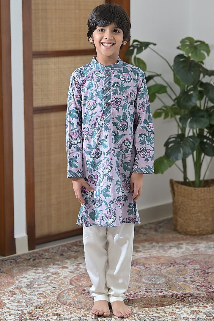 Lilac Cotton Floral Printed Kurta Set For Boys by The Plum Bum at Pernia's Pop Up Shop