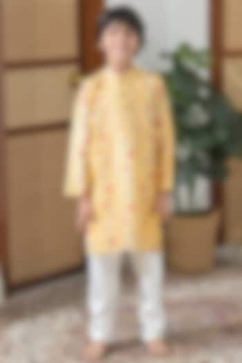 Yellow Chanderi Silk Floral Printed Kurta Set For Boys by The Plum Bum at Pernia's Pop Up Shop