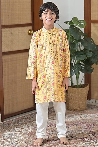 Yellow Chanderi Silk Floral Printed Kurta Set For Boys by The Plum Bum