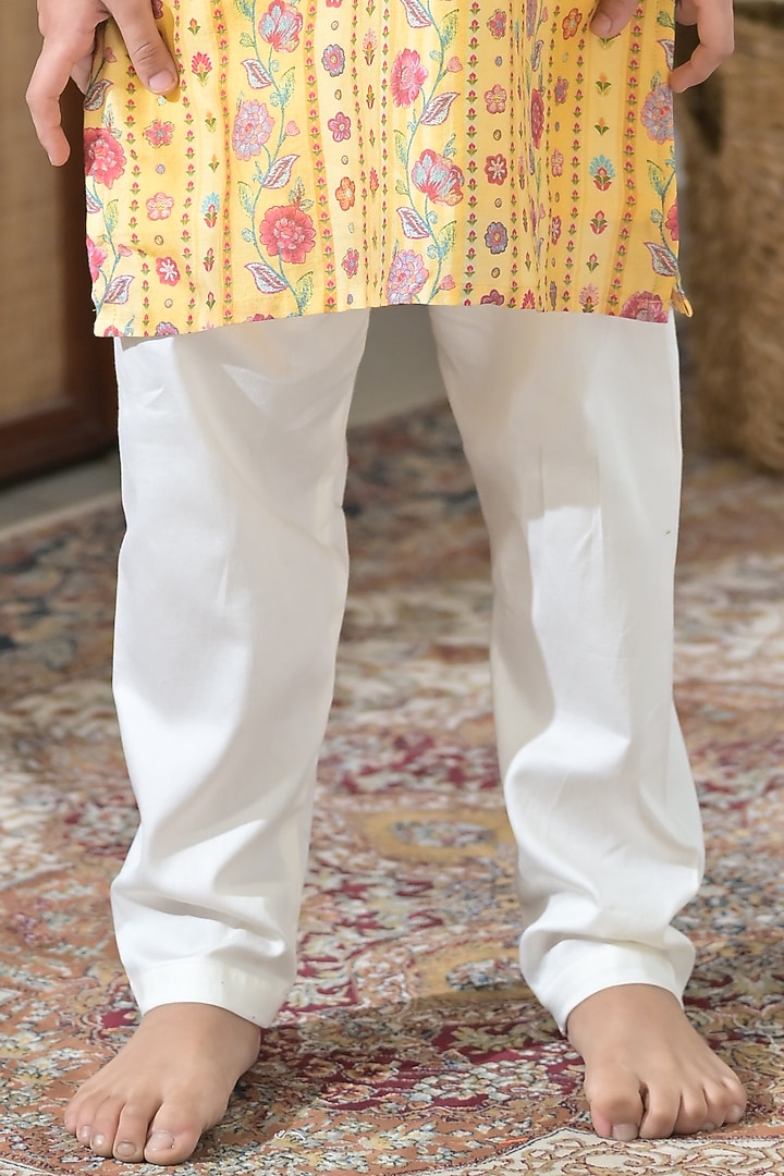 Yellow Chanderi Silk Floral Printed Kurta Set For Boys by The Plum Bum at Pernia's Pop Up Shop