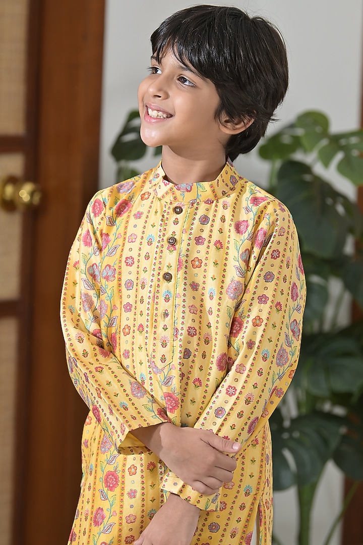 Yellow Chanderi Silk Floral Printed Kurta Set For Boys by The Plum Bum at Pernia's Pop Up Shop