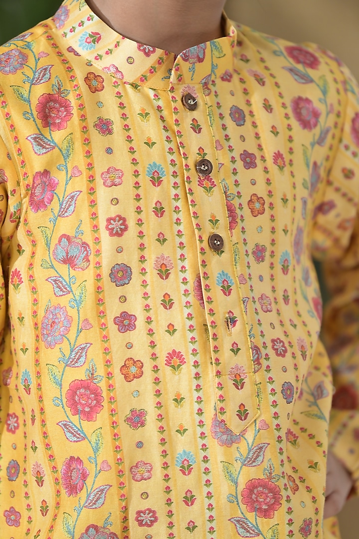 Yellow Chanderi Silk Floral Printed Kurta Set For Boys by The Plum Bum at Pernia's Pop Up Shop