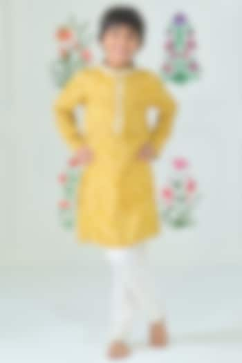 Mustard Green Muslin Leaf Printed Kurta Set For Boys by The Plum Bum at Pernia's Pop Up Shop