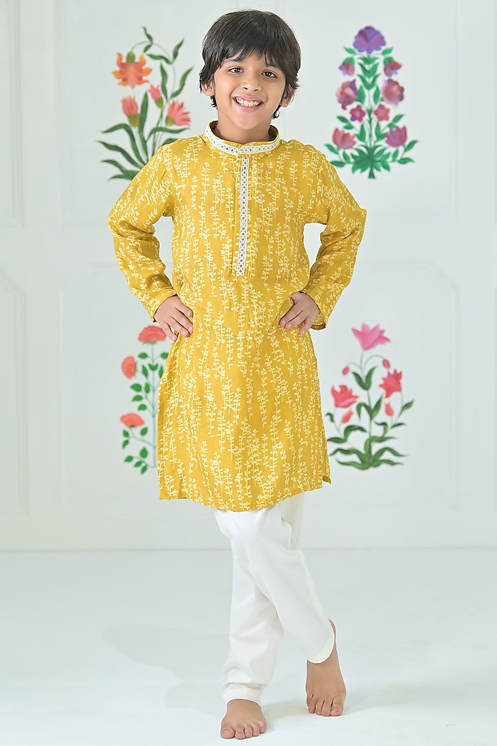 Mustard Green Muslin Leaf Printed Kurta Set For Boys by The Plum Bum at Pernia's Pop Up Shop