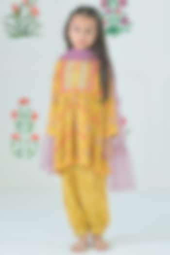 Mustard Green Muslin Floral Jaal Kurta Set For Girls by The Plum Bum at Pernia's Pop Up Shop