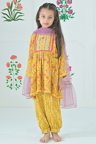 Mustard Green Muslin Floral Jaal Kurta Set For Girls by The Plum Bum