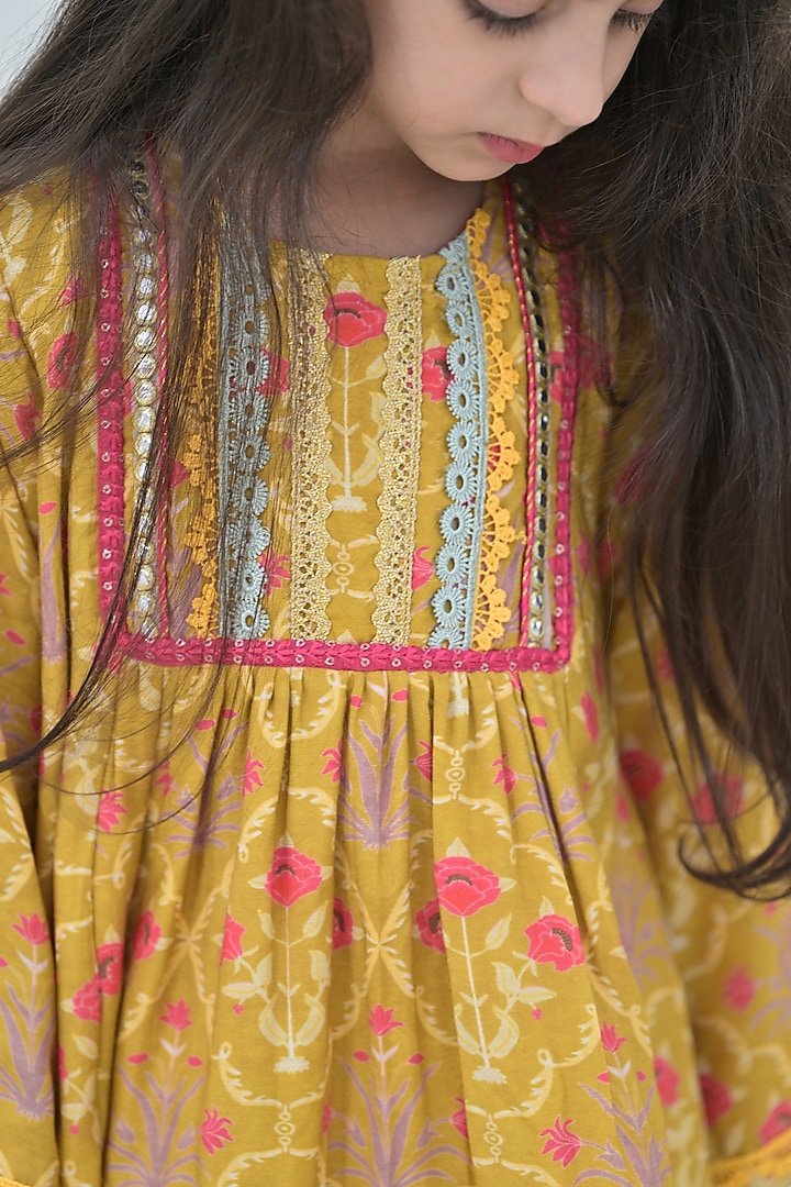 Mustard Green Muslin Floral Jaal Kurta Set For Girls by The Plum Bum at Pernia's Pop Up Shop
