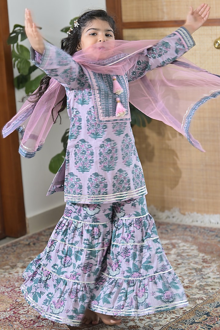 Lilac Cotton Hand Block Printed Sharara Set For Girls by The Plum Bum at Pernia's Pop Up Shop