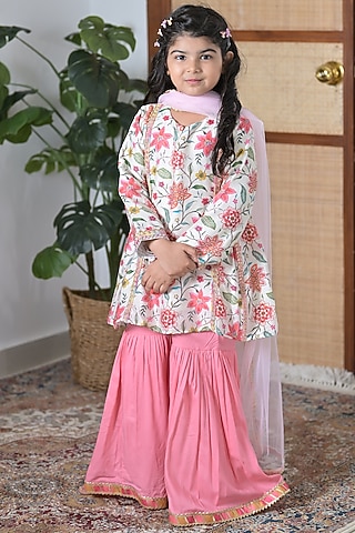 Pink Chanderi Silk Sharara Set For Girls by The Plum Bum