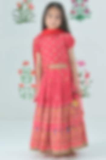 Red Silk Blend Peacock Lehenga Set For Girls by The Plum Bum at Pernia's Pop Up Shop