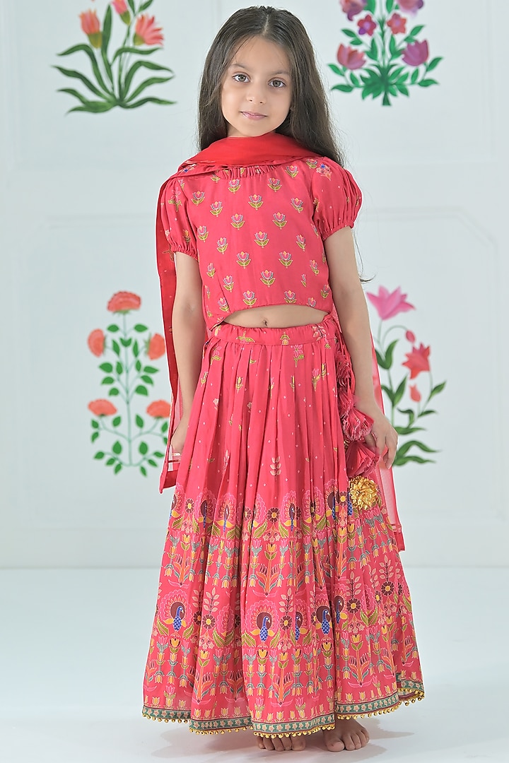 Red Silk Blend Peacock Lehenga Set For Girls by The Plum Bum at Pernia's Pop Up Shop