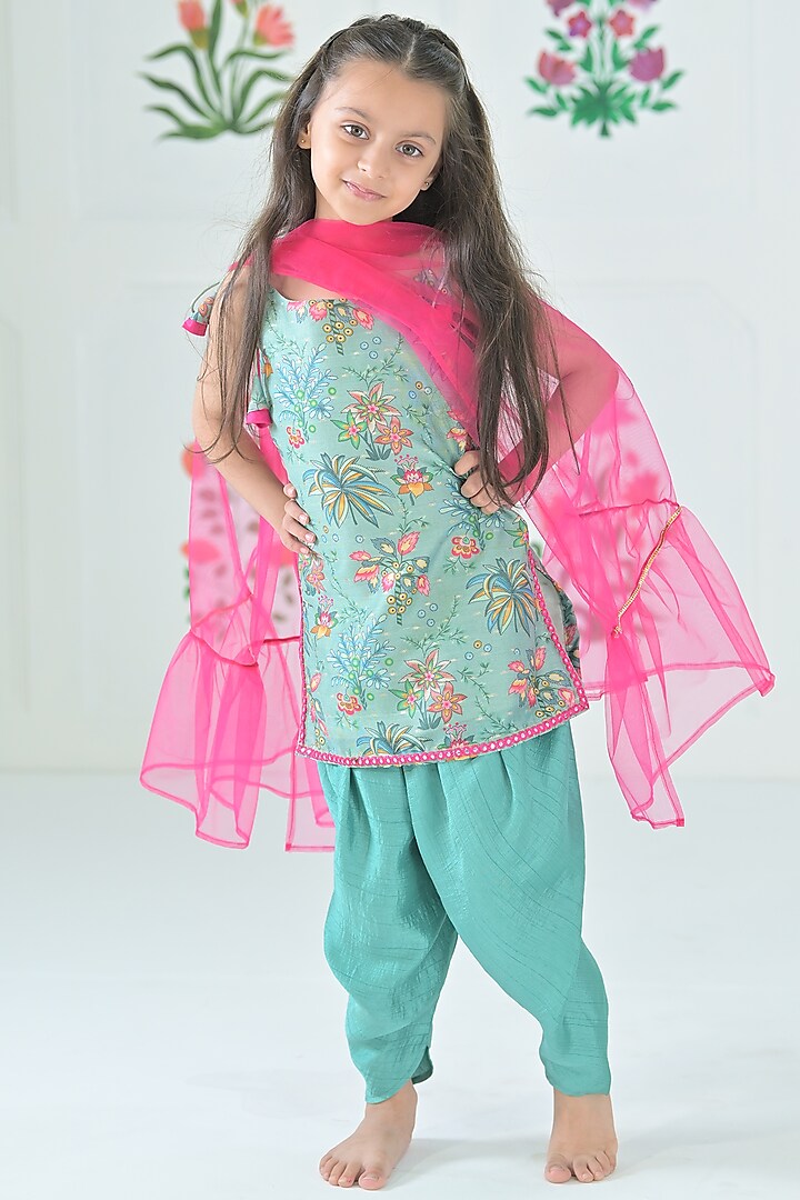 Turquoise Green Chanderi & Silk Blend Strappy Kurta Set For Girls by The Plum Bum