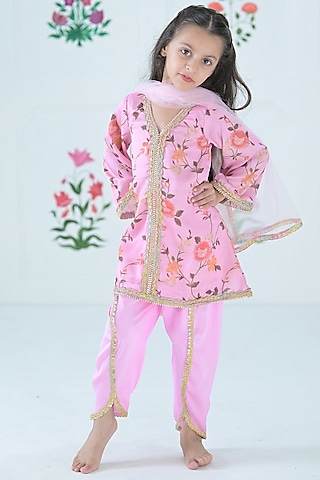 Pink Linen Satin A-Line Floral Kurta Set For Girls by The Plum Bum