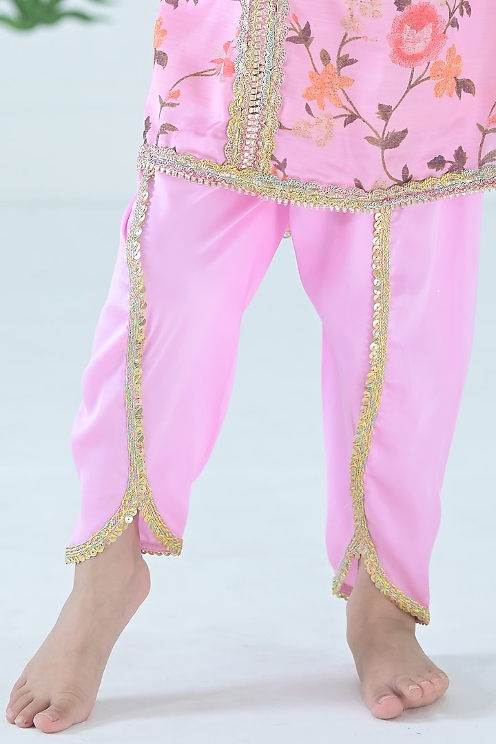 Pink Linen Satin A-Line Floral Kurta Set For Girls by The Plum Bum at Pernia's Pop Up Shop