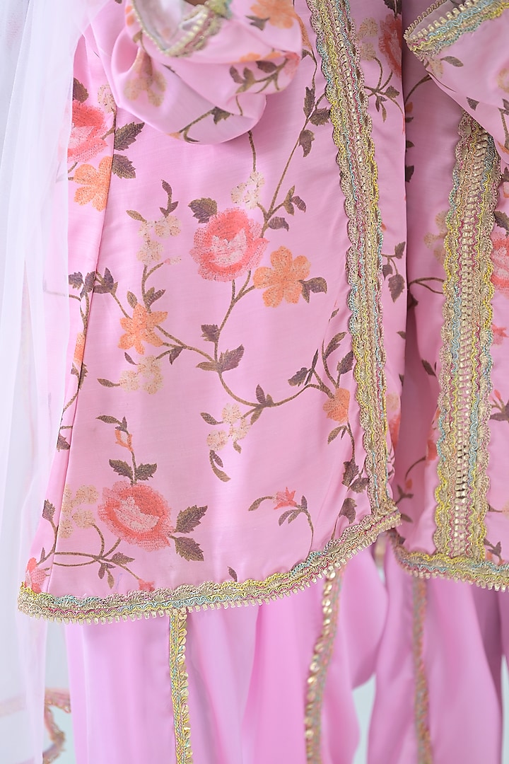 Pink Linen Satin A-Line Floral Kurta Set For Girls by The Plum Bum at Pernia's Pop Up Shop
