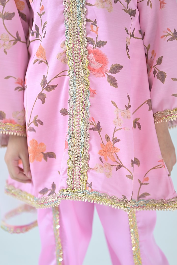 Pink Linen Satin A-Line Floral Kurta Set For Girls by The Plum Bum at Pernia's Pop Up Shop