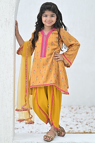 Mustard Yellow Linen Satin A-Line Floral Kurta Set For Girls by The Plum Bum