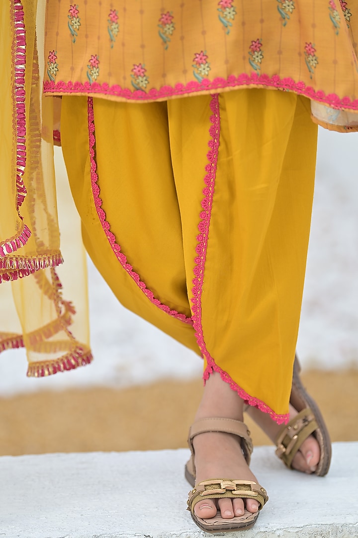 Mustard Yellow Linen Satin A-Line Floral Kurta Set For Girls by The Plum Bum at Pernia's Pop Up Shop