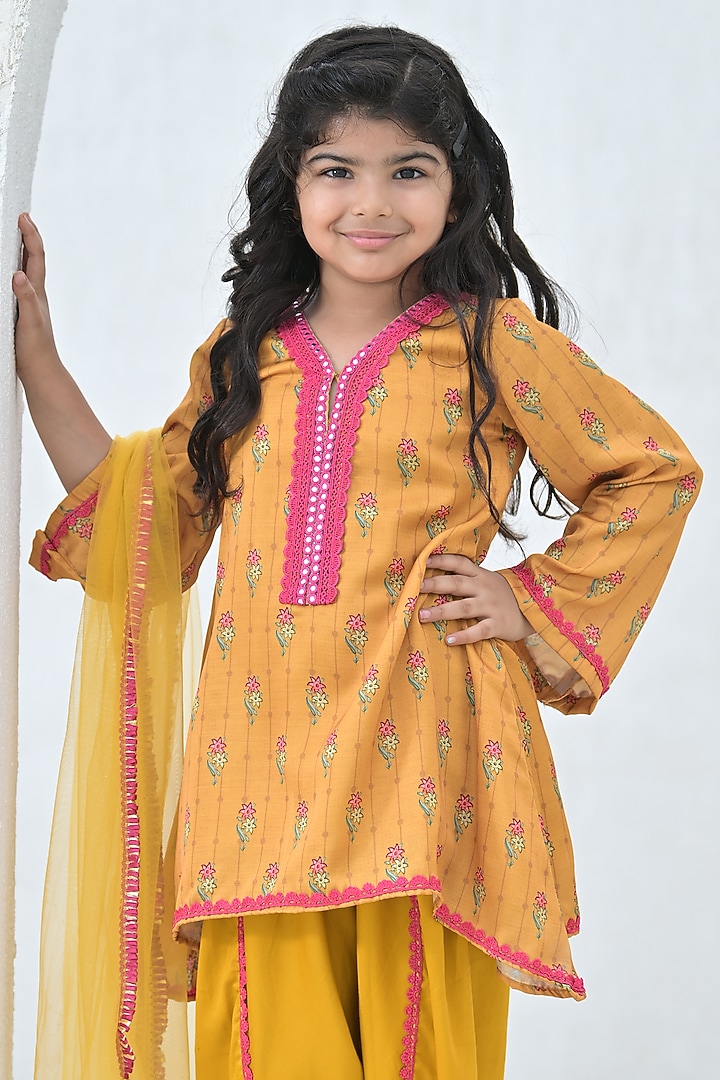 Mustard Yellow Linen Satin A-Line Floral Kurta Set For Girls by The Plum Bum at Pernia's Pop Up Shop
