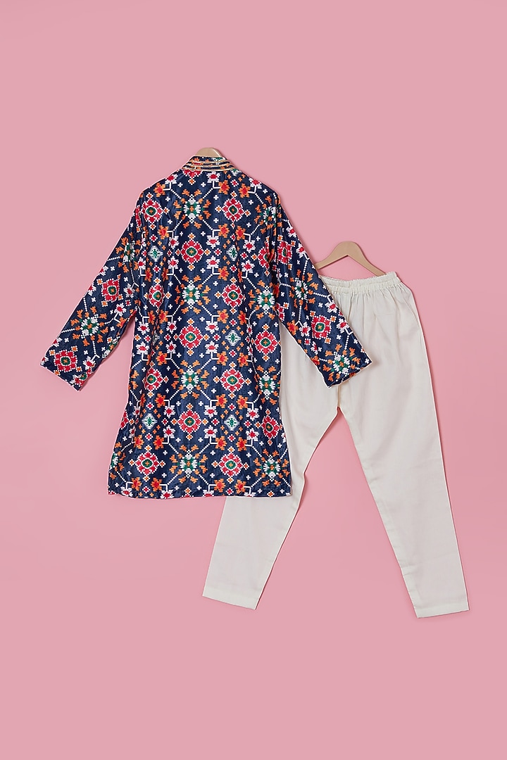 Midnight Blue Micro Velvet Patola Printed Kurta Set For Boys by The Plum Bum at Pernia's Pop Up Shop