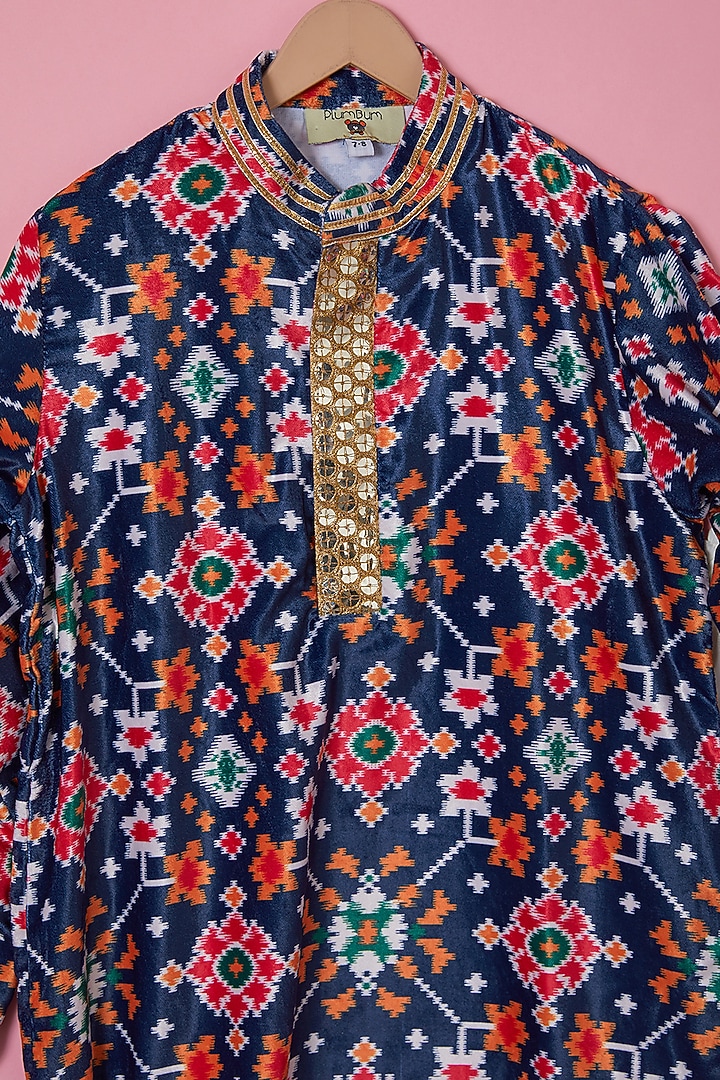Midnight Blue Micro Velvet Patola Printed Kurta Set For Boys by The Plum Bum at Pernia's Pop Up Shop