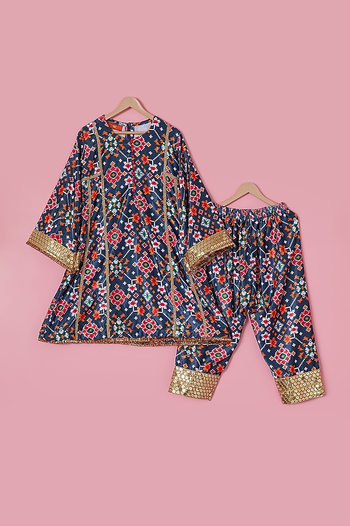 Midnight Blue Micro Velvet Patola Printed A-Line Kurta Set For Girls by The Plum Bum