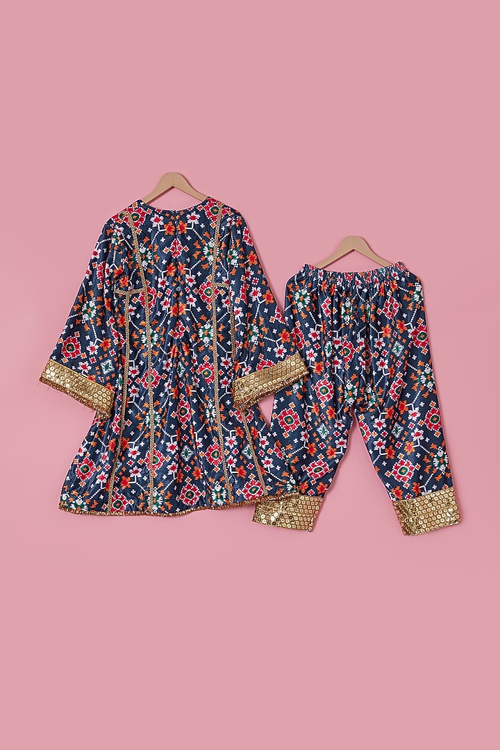 Midnight Blue Micro Velvet Patola Printed A-Line Kurta Set For Girls by The Plum Bum at Pernia's Pop Up Shop