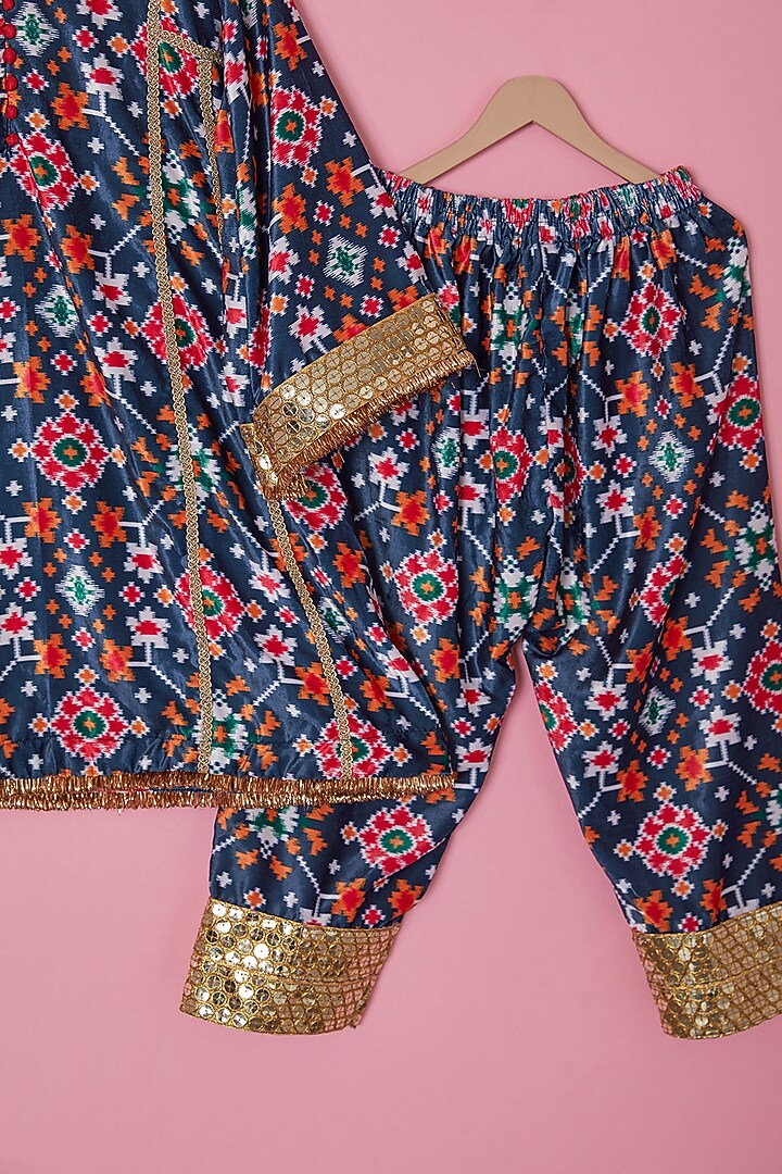 Midnight Blue Micro Velvet Patola Printed A-Line Kurta Set For Girls by The Plum Bum at Pernia's Pop Up Shop