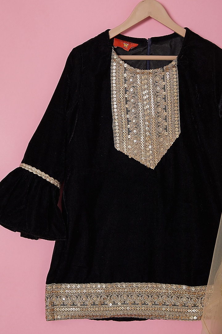 Black Velvet Kurta Set For Girls by The Plum Bum at Pernia's Pop Up Shop