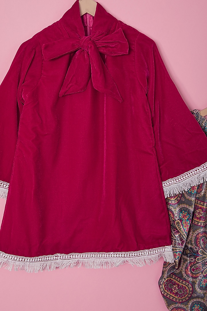 Fuchsia Velvet Kurta Set For Girls by The Plum Bum at Pernia's Pop Up Shop