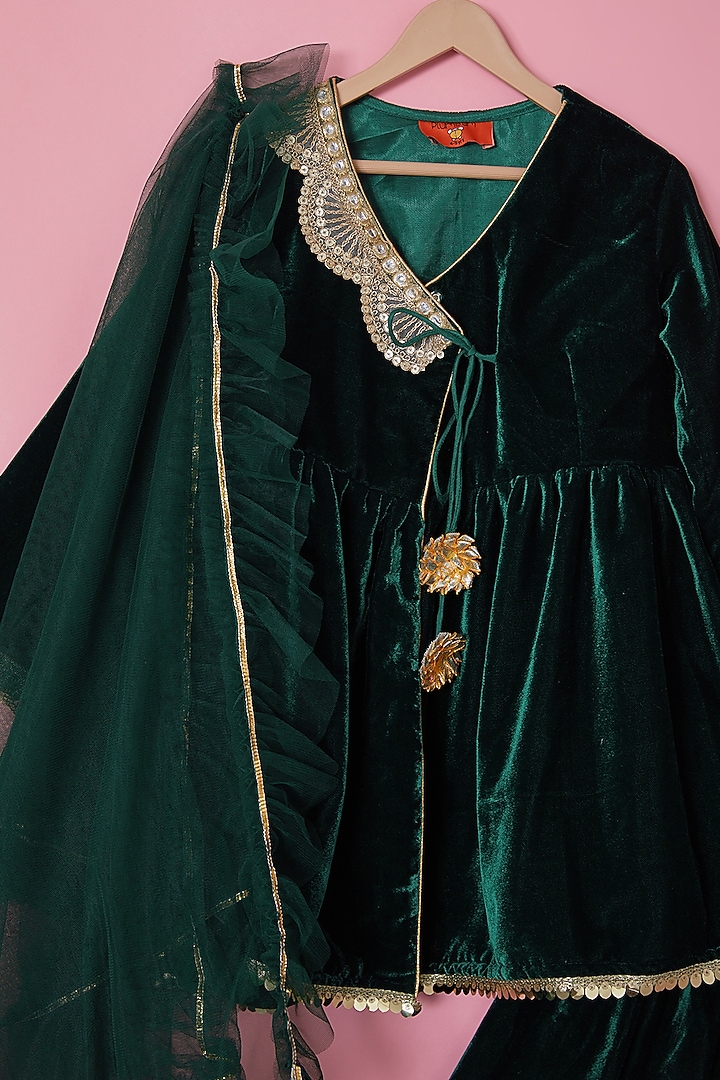 Green Velvet Sharara Set For Girls by The Plum Bum at Pernia's Pop Up Shop