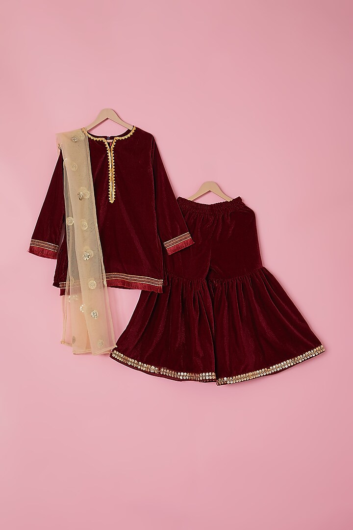 Maroon Velvet Sharara Set For Girls by The Plum Bum