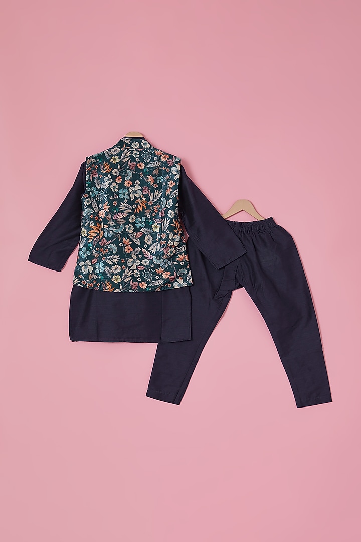 Midnight Blue Velvet Patola Printed Nehru Jacket Set For Boys by The Plum Bum at Pernia's Pop Up Shop