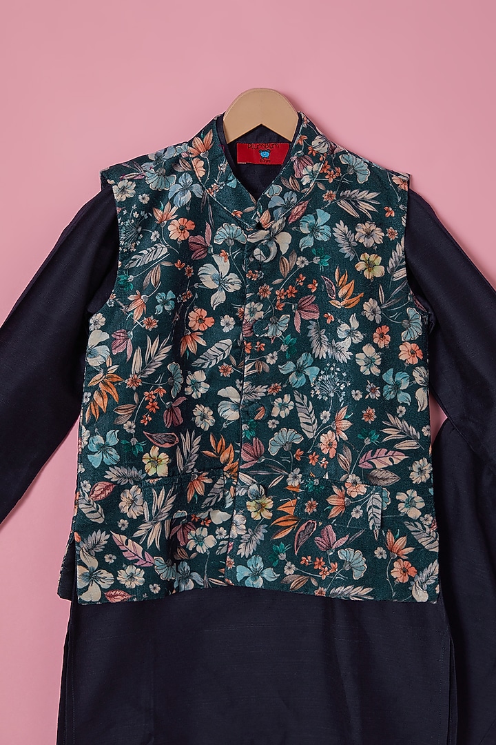 Midnight Blue Velvet Patola Printed Nehru Jacket Set For Boys by The Plum Bum at Pernia's Pop Up Shop