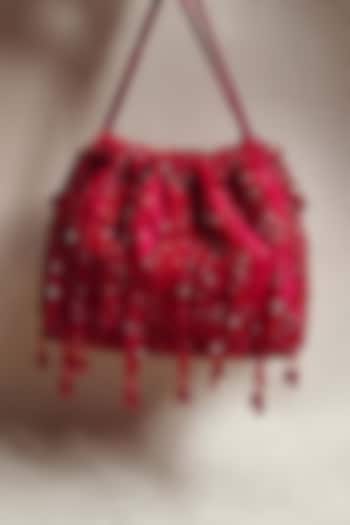 Red Suede Hand Embellished Pouch Bag by PLODE