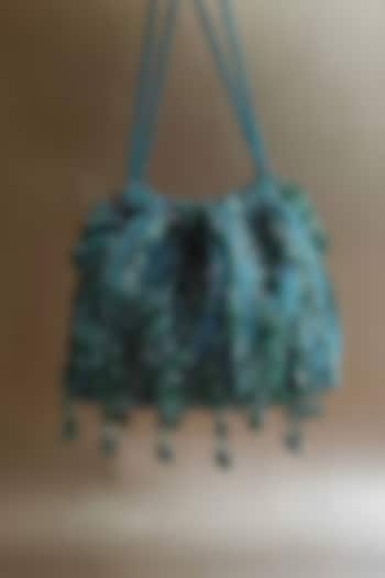 Bottle Green Suede Hand Embellished Pouch Bag by PLODE