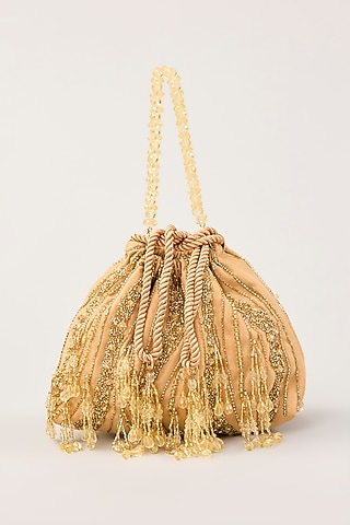 Gold Suede Hand Embellished Potli by PLODE