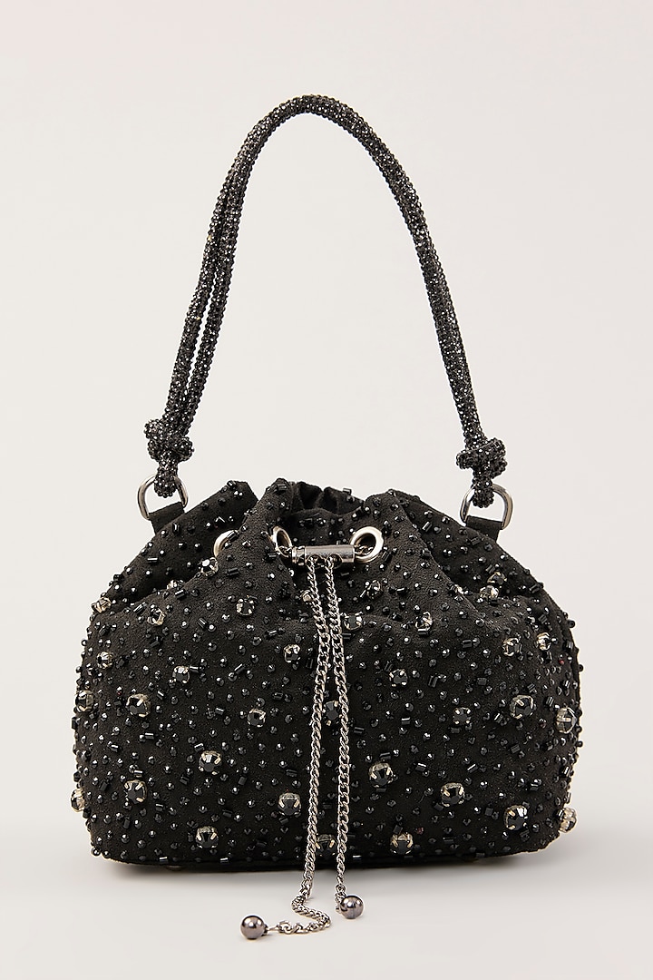 Black Vegan Suede Crystal Hand Embellished Bucket Bag by PLODE at Pernia's Pop Up Shop