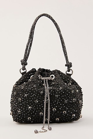 Black Vegan Suede Crystal Hand Embellished Bucket Bag by PLODE