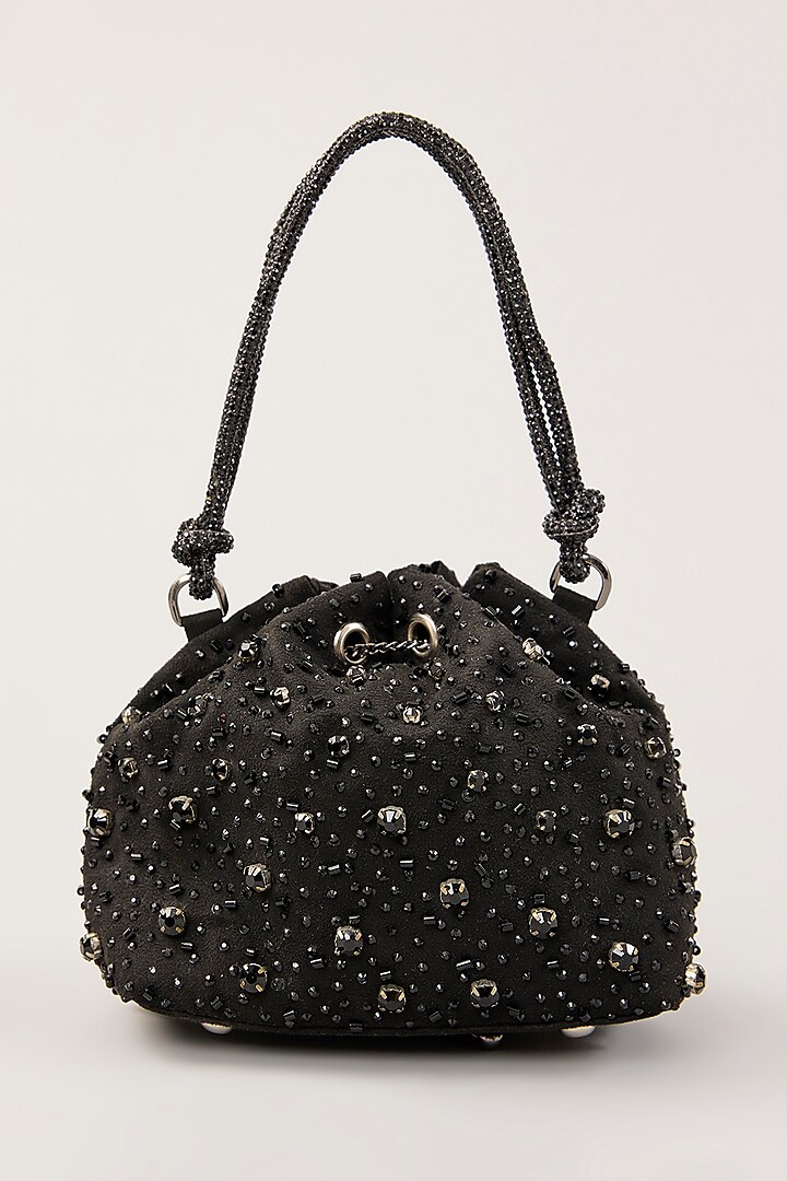 Black Vegan Suede Crystal Hand Embellished Bucket Bag by PLODE at Pernia's Pop Up Shop