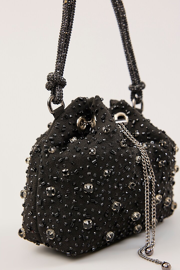 Black Vegan Suede Crystal Hand Embellished Bucket Bag by PLODE at Pernia's Pop Up Shop