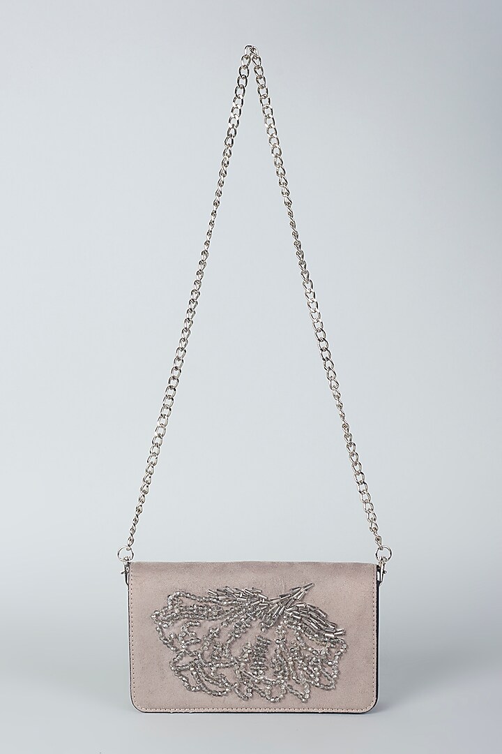 Silver Grey Hand Embroidered Sling Bag by PLODE