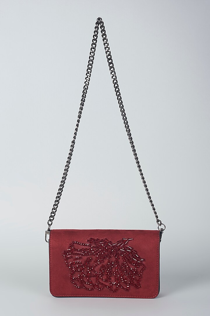 Crimson Red Hand Embroidered Sling Bag by PLODE